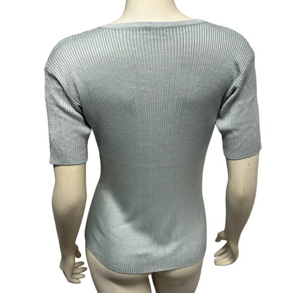 Vintage Handmade  Silky Light Blue Ribbed Short Sleeve Top Blouse - Picture 5 of 8